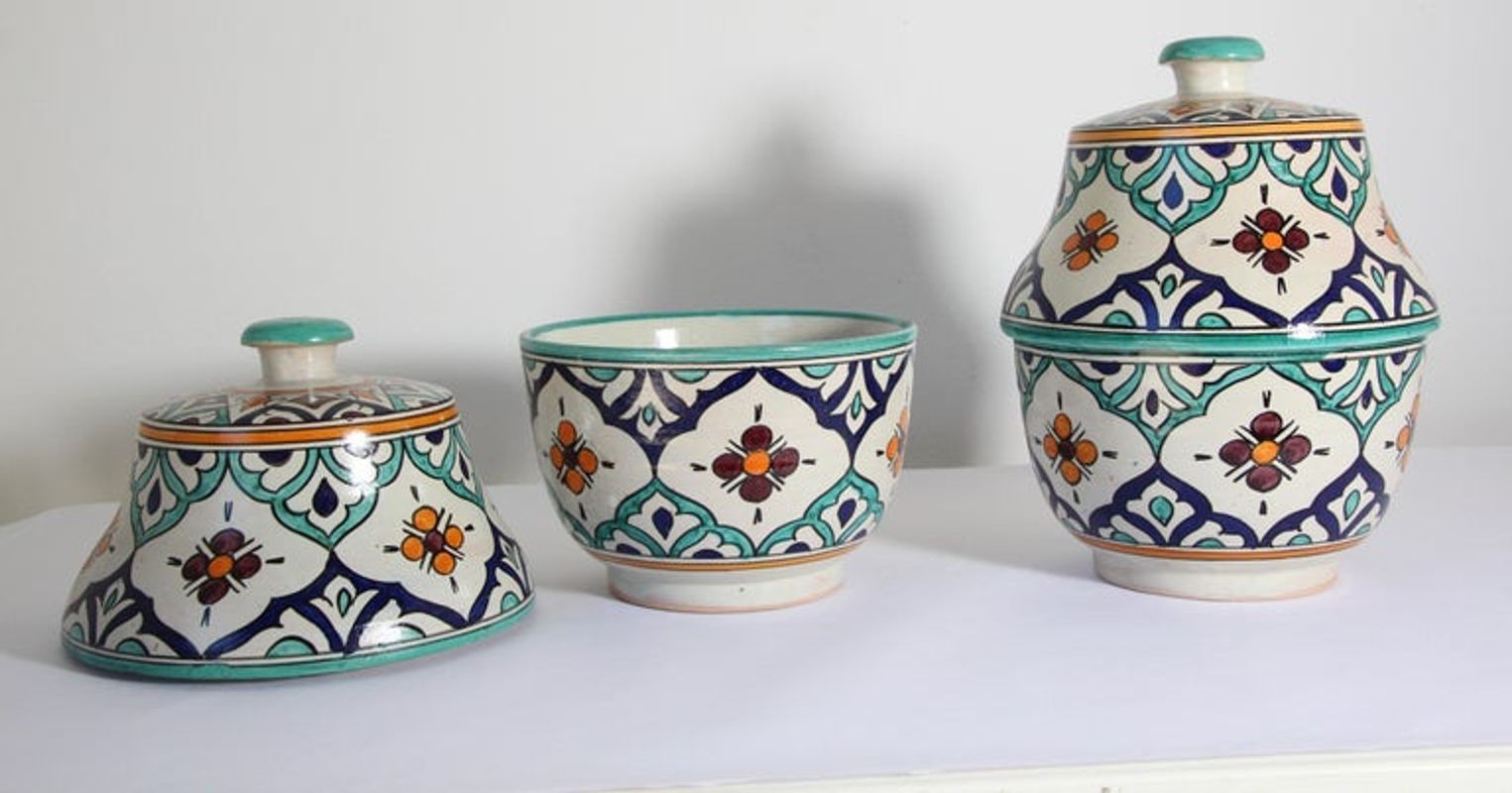 Moorish Ceramic Glazed Covered Urns Handcrafted in Fez Morocco