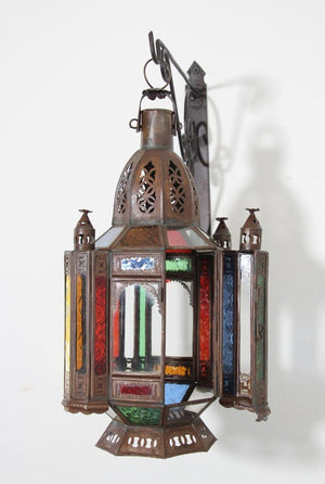 Vintage Moroccan Moorish Metal and Stained Glass Lantern or Pendant