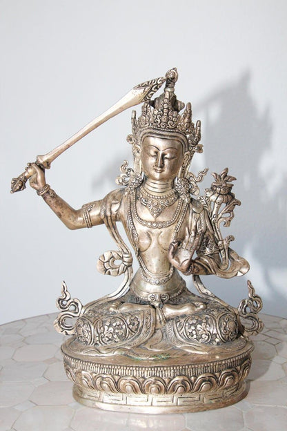Silvered Metal Manjushri, Sino, Tibetan Buddhist Deity