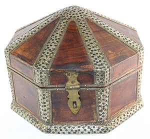 Large Asian Decorative Wooden Jewelry Box with Hammered Brass Metal Overlay