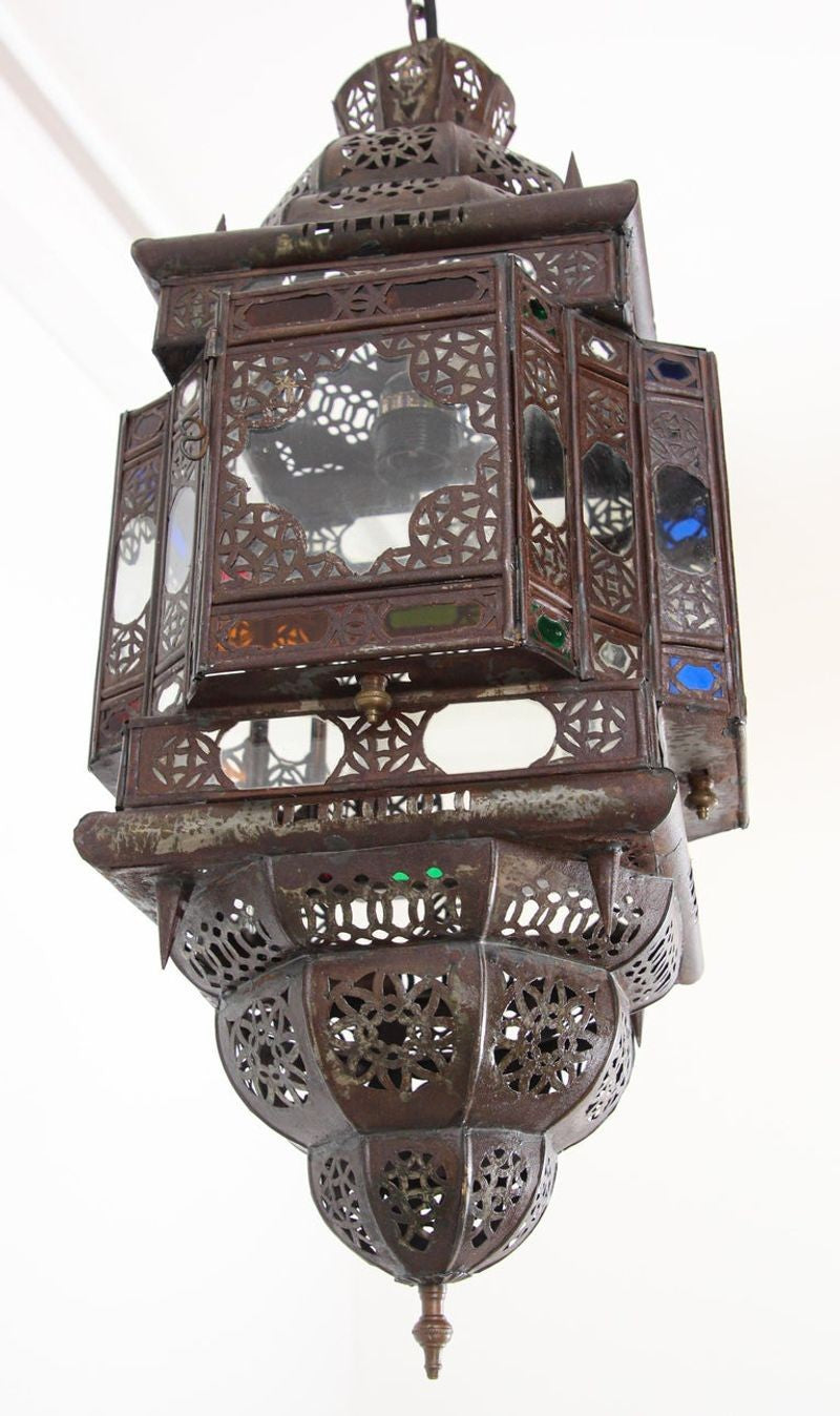 Vintage Moroccan Moorish Bronze Metal & Multicolor Glass Hanging Lantern