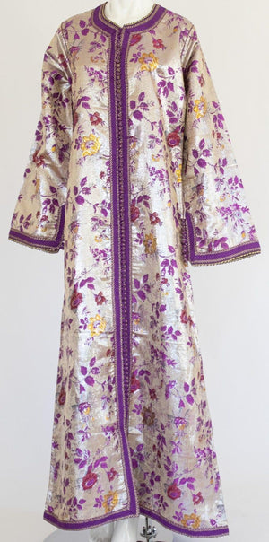 Moroccan Caftan Purple and Silver Damask Embroidered, Vintage, 1960s