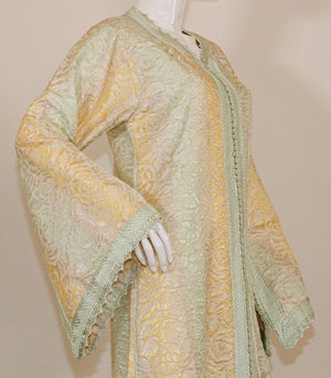 Vintage Moroccan Kaftan, Gold and Sage Damask Embroidered, ca. 1970s