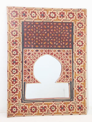 Vintage Moroccan Mirror Hand Painted with Red Moorish Design
