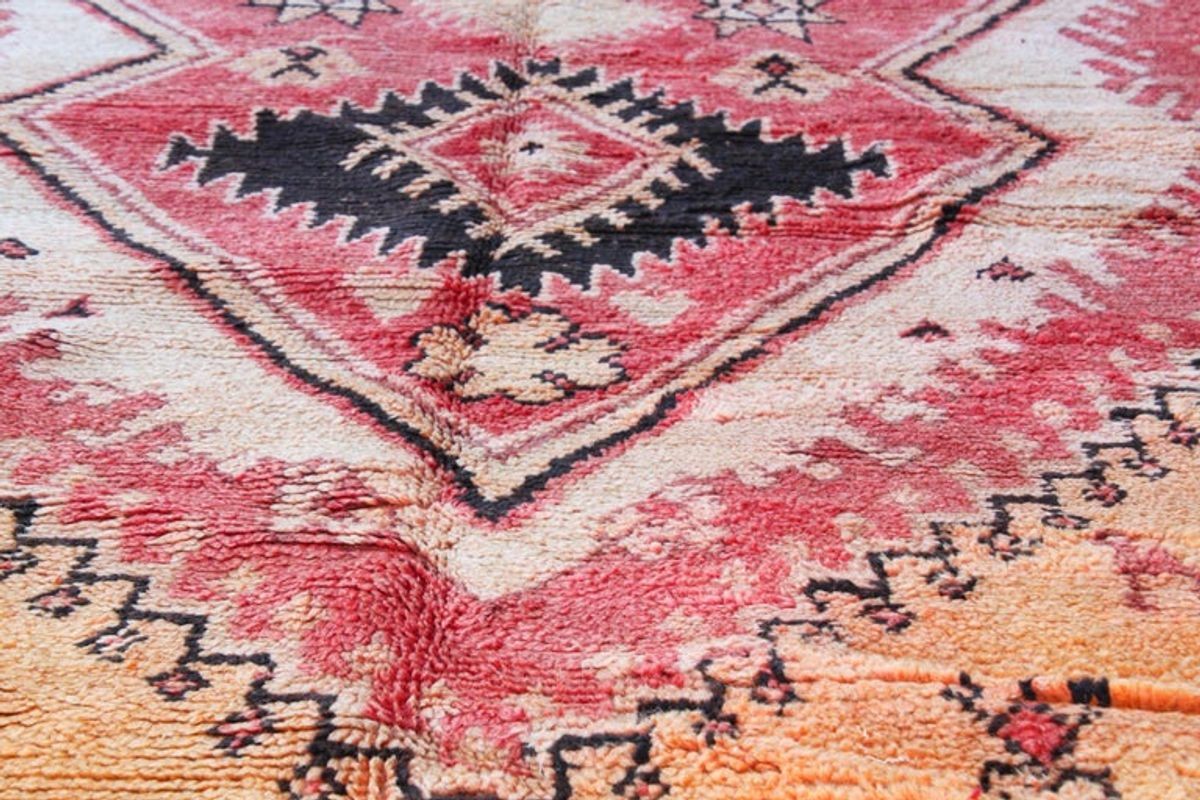 Vintage Moroccan Berber Rug in Saffron, Coral and Black, 71 x 145 in, 1960s