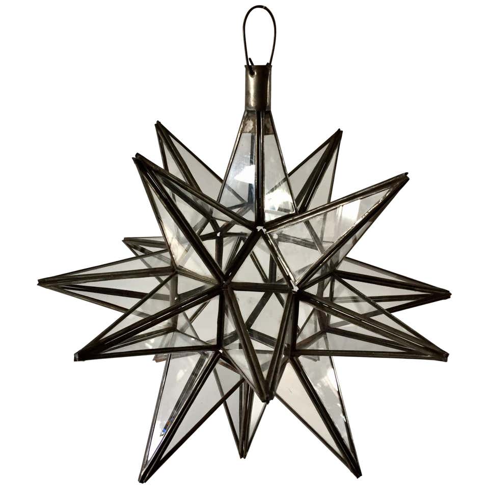 Moroccan Clear Glass and Metal Moravian Star Shape Lantern Pendant