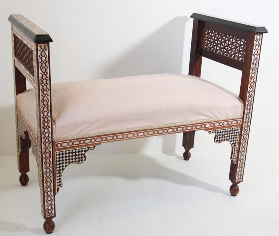 Antique Moroccan Benches with Mosaic White Shell Inlay a Pair