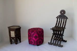 Post Modern Upholstered Moroccan Art Deco Style Pouf in Hot Fuchsia Color