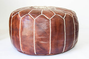 Moroccan Hand Tooled Brown Leather Pouf