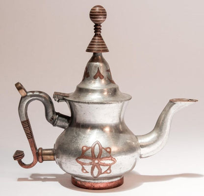 Handcrafted Tuareg Tea Pot, Pewter with Brass & Copper, 1950s