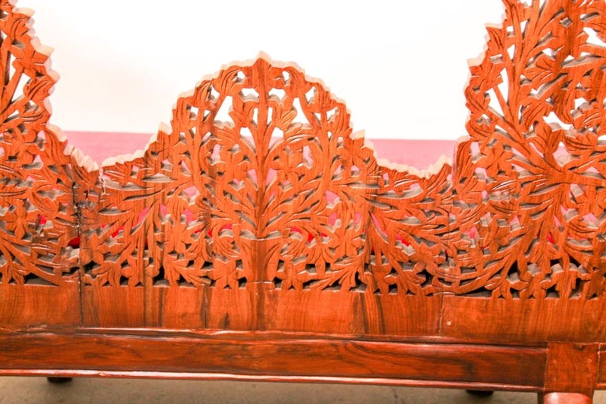 Anglo-Raj Settee with Open Back Hand Carved Tree of Life Back