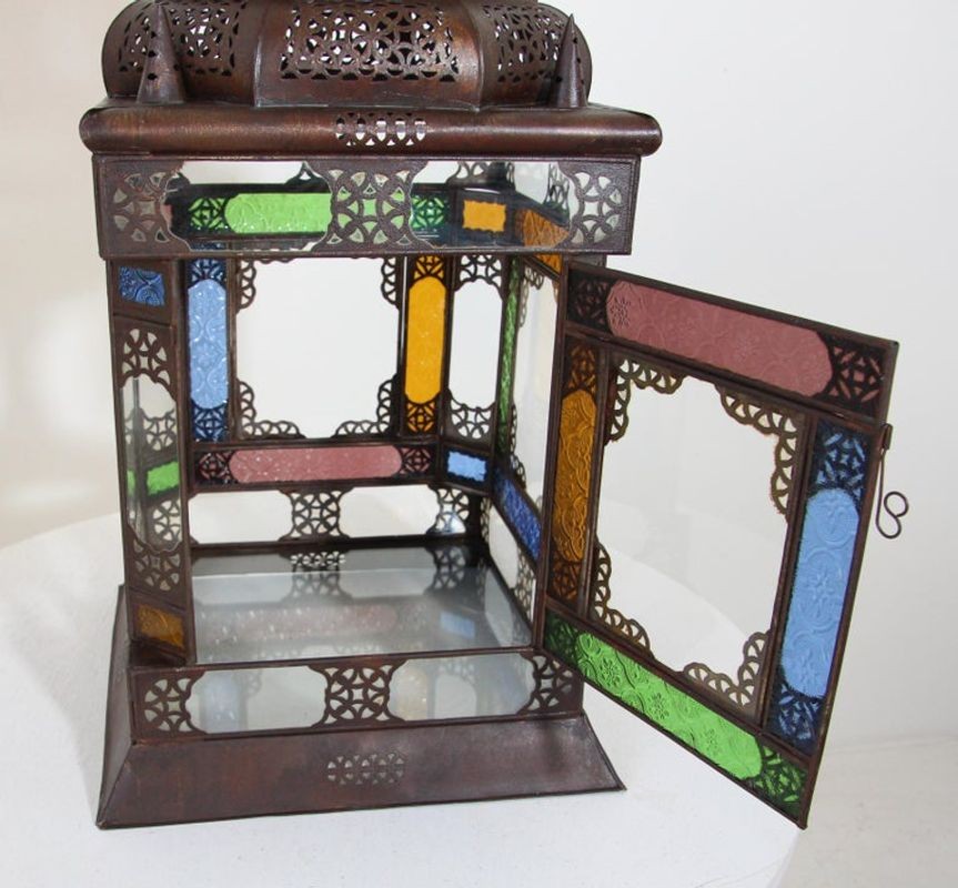 Moroccan Metal Lantern with Multicolor Glass