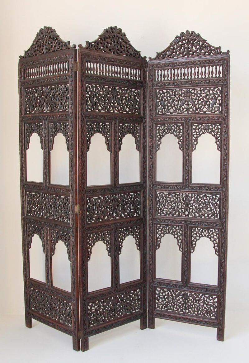 19th Century Anglo-Indian Mughal Carved Hardwood Three-Panel Screen, circa 1880