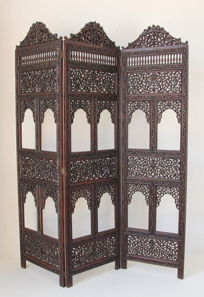 19th Century Anglo-Indian Mughal Carved Hardwood Three-Panel Screen, circa 1880