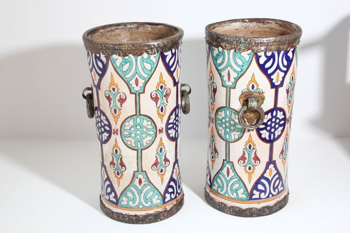 Handcrafted Moorish Ceramic Urns with Metal Handles, 20th Century