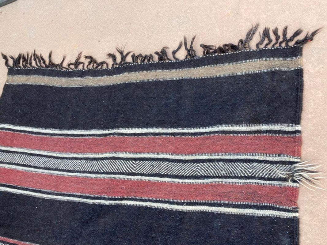 Moroccan Vintage Flat-Weave Black Camel Hair Tribal Rug