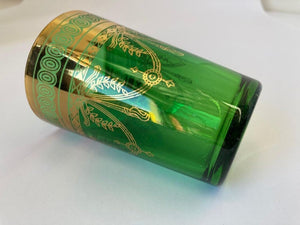 Set of Six Handblown Moroccan Moorish Green and Gold Glasses