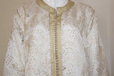 Elegant Moroccan White Caftan with Gold Metallic Floral Brocade