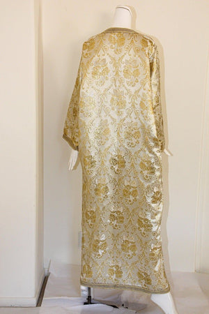 Moroccan Vintage Caftan in Gold Metallic Brocade, Maxi Gown Dress Kaftan