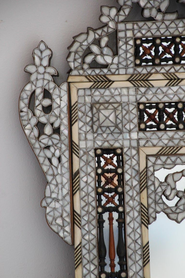 White Shell Inlaid Antique Middle Eastern Damascene Syrian Mirror 66"