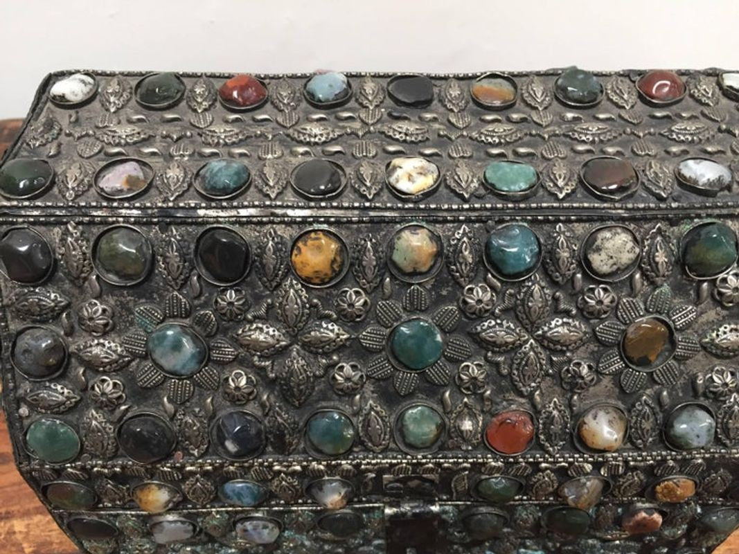 Large Moroccan Wedding Silvered Jewelry Box Inlaid with Semi-Precious Stones