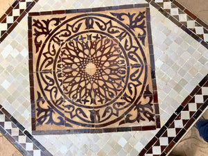 Moroccan Mosaic Tile Side table on Iron Base, Brown and White