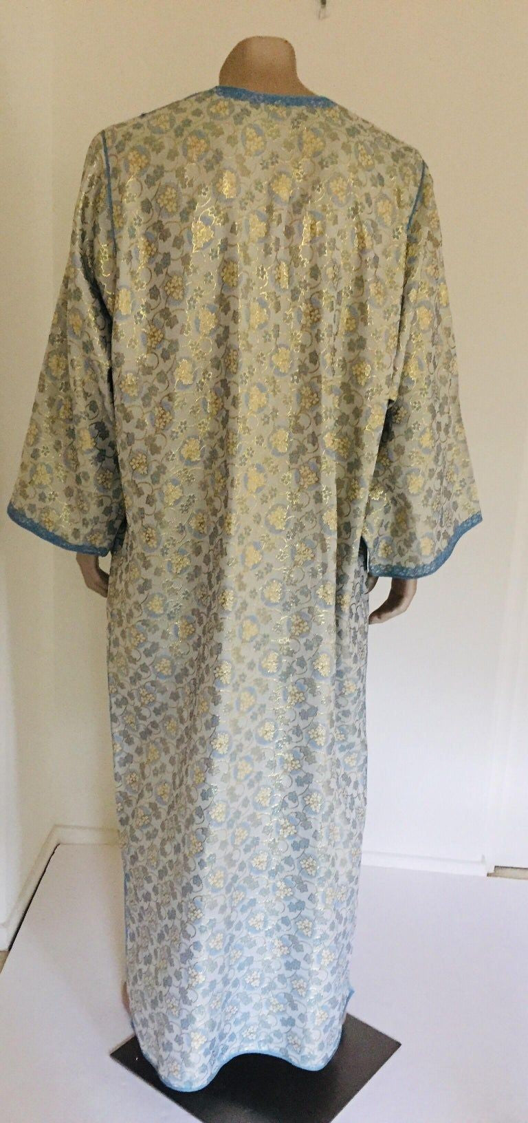 Metallic Blue and Silver Brocade 1970s Maxi Dress Caftan, Evening Gown Kaftan