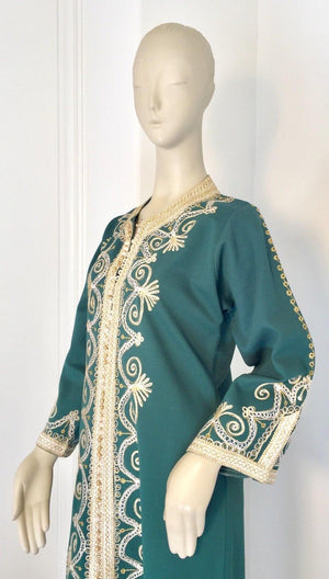 Vintage Moroccan Caftan Emerald Green Maxi Dress, circa 1970 Size M