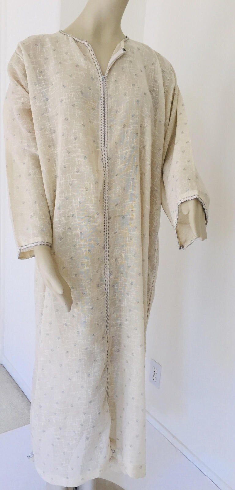 1970 Moroccan Hooded Caftan White and Blue Linen Djellabah Kaftan