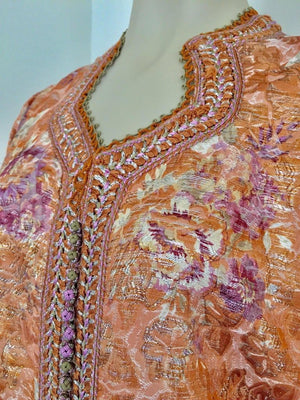 Moroccan Kaftan Orange and Purple Floral with Gold Embroidered Maxi Dress Caftan