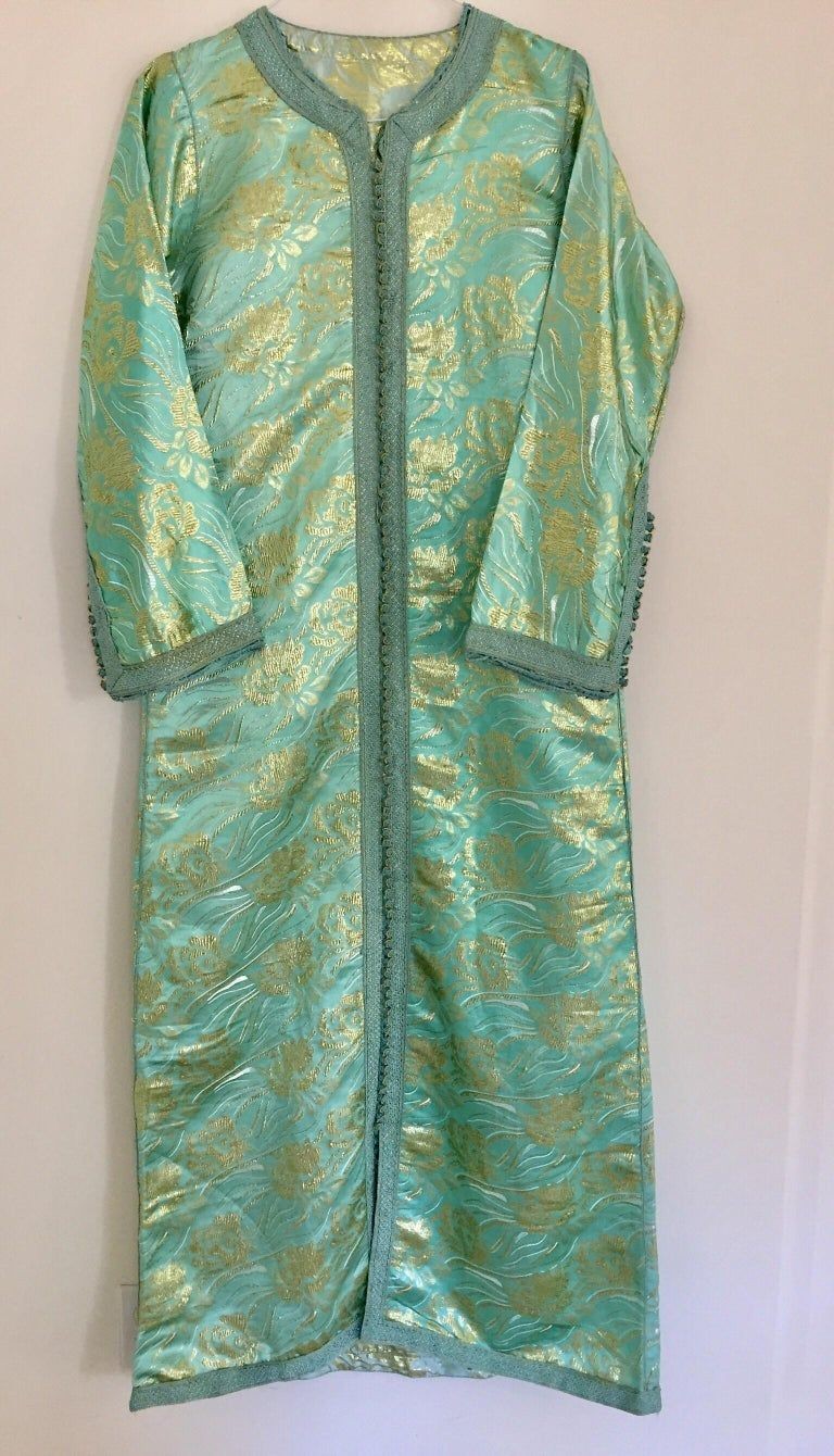 Moroccan Kaftan in Aqua and Gold Floral Brocade Metallic Lame