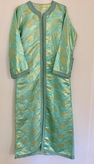 Moroccan Kaftan in Aqua and Gold Floral Brocade Metallic Lame