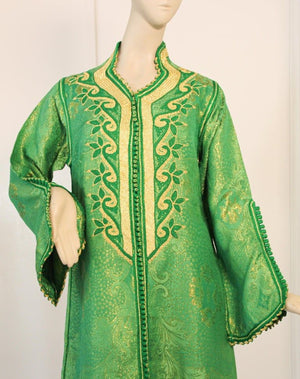 Elegant Moroccan Caftan Emerald Green and Gold Metallic Brocade