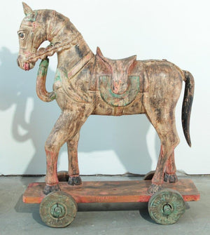 Antique Southeast Asian Polychrome Wooden Oversized Temple Horses from India