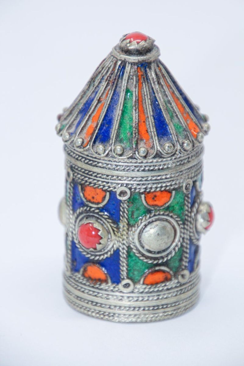Antique Silver Enameled Ring Container Box from Kabylie, Algeria