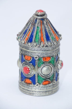 Antique Silver Enameled Powder Kohl Container Box from Kabylie, Algeria