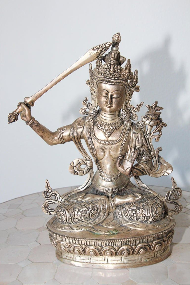 Silvered Metal Manjushri, Sino, Tibetan Buddhist Deity