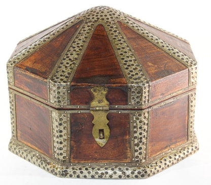 Large Asian Decorative Wooden Jewelry Box with Hammered Brass Metal Overlay
