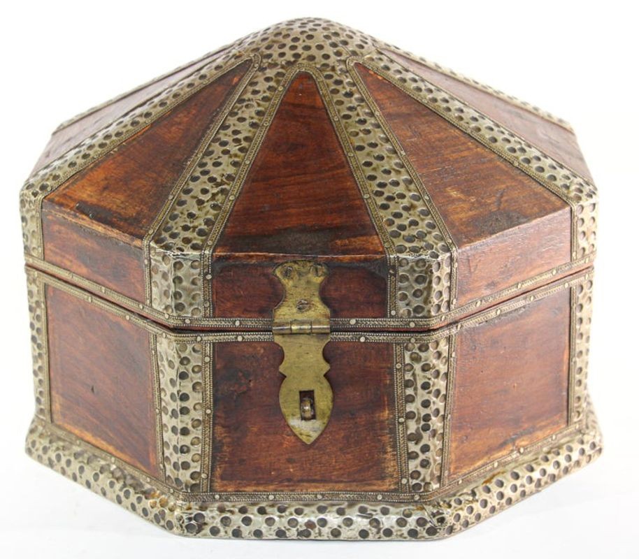 Large Asian Decorative Wooden Jewelry Box with Hammered Brass Metal Overlay
