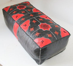 Vintage Moroccan Leather Rectangular Pouf in Red and Black
