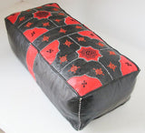 Vintage Moroccan Leather Rectangular Pouf in Red and Black