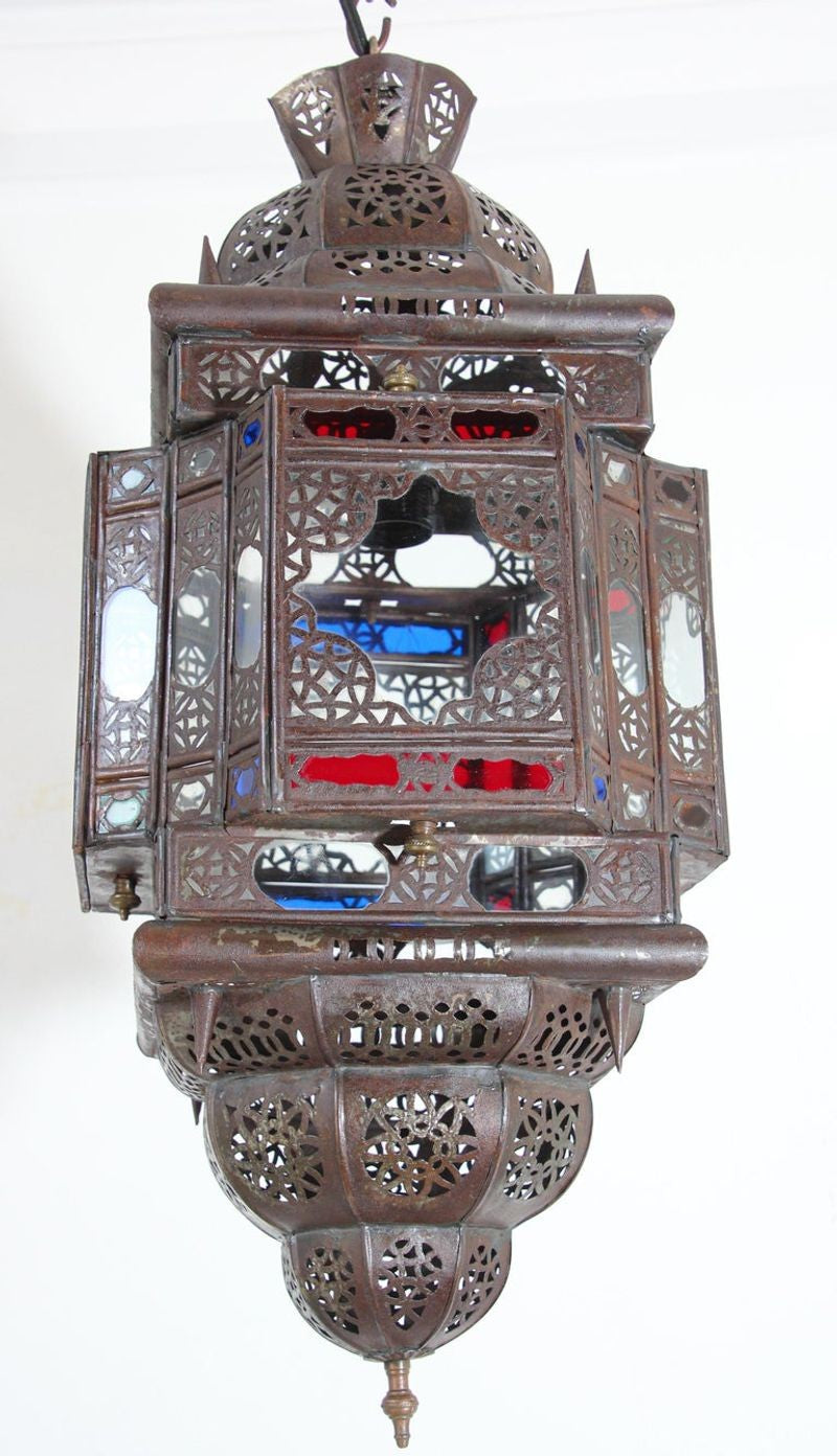 Vintage Moroccan Moorish Bronze Metal & Multicolor Glass Hanging Lantern