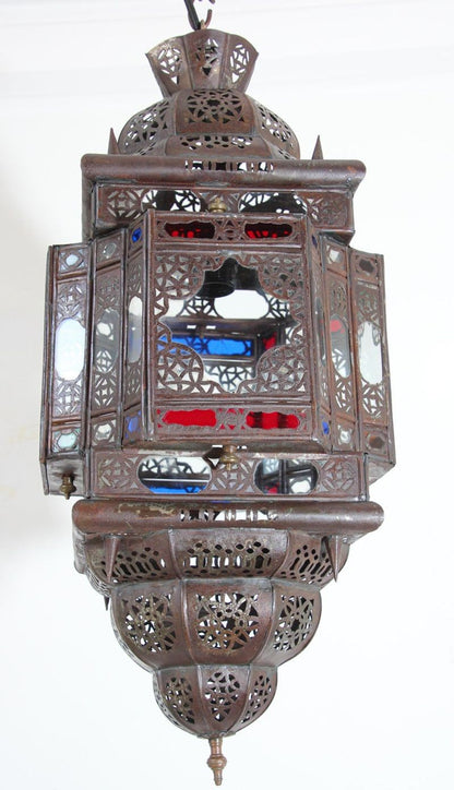 Vintage Moroccan Moorish Bronze Metal & Multicolor Glass Hanging Lantern