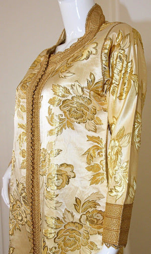 Moroccan Caftan Gold Damask Embroidered, Vintage, 1960s
