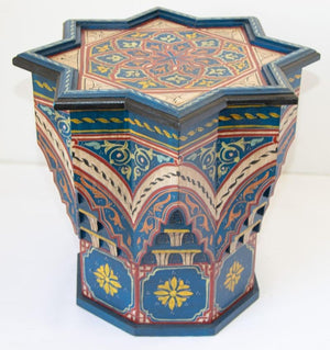 Moroccan Side Table Hand Painted Wood in Moorish Style 1960s