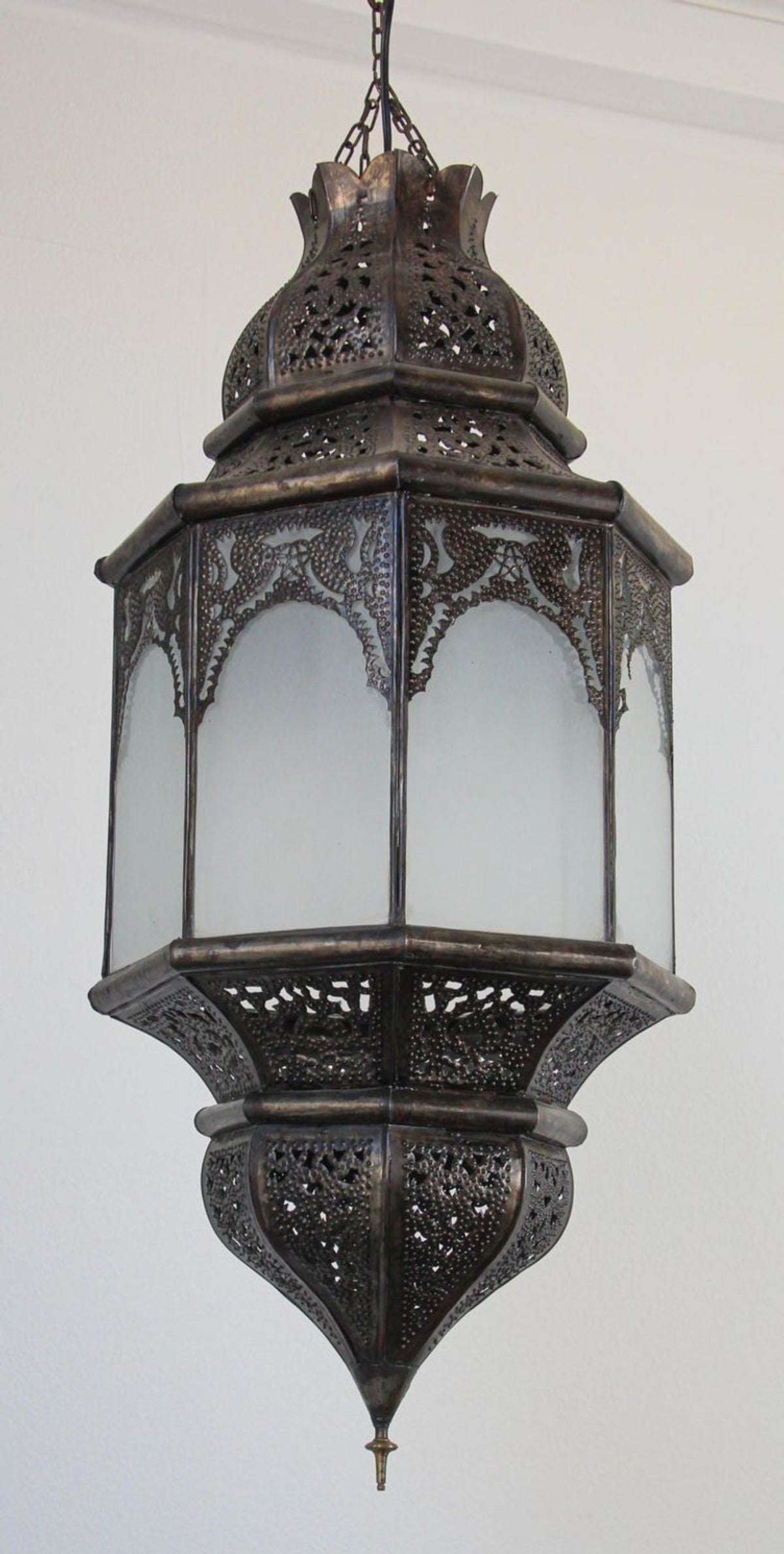 Moroccan Moorish Hanging Metal Lantern with Milky Glass