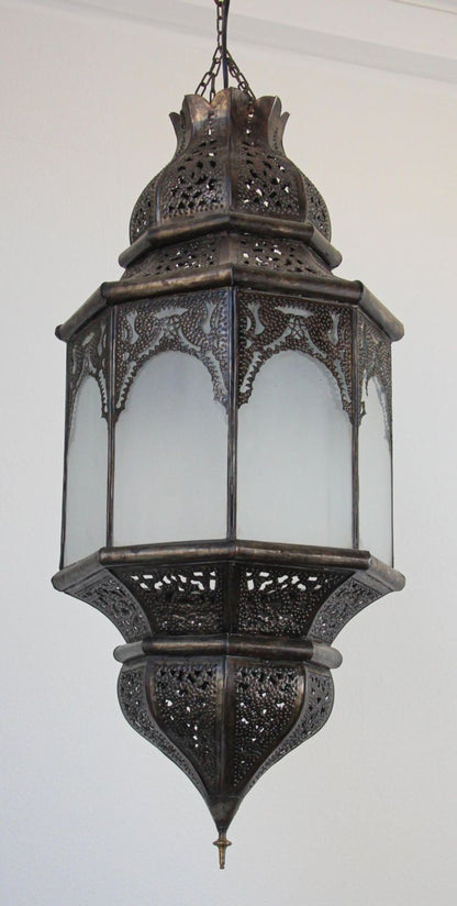 Moroccan Moorish Hanging Metal Lantern with Milky Glass