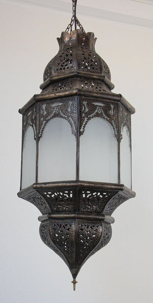 Moroccan Moorish Hanging Metal Lantern with Milky Glass