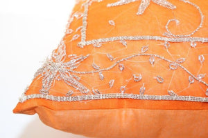 Beaded Orange Throw Pillow Embellished with Sequins