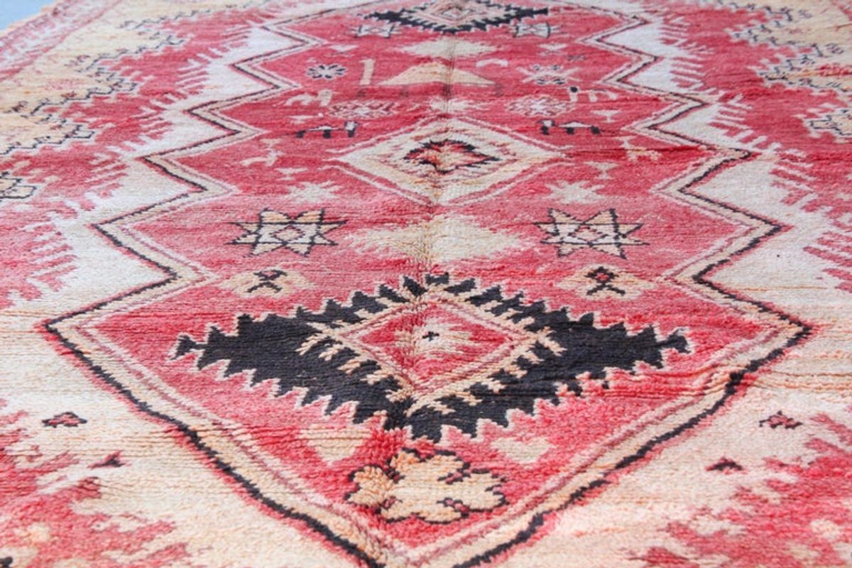Vintage Moroccan Berber Rug in Saffron, Coral and Black, 71 x 145 in, 1960s